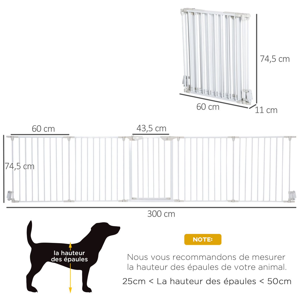 Barrière de sécurité parc enclos chien modulable pliable porte intégrée 300L max. x 74,5H cm métal PP blanc-2