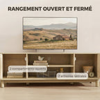 Meuble TV 135 cm, meuble télé pour téléviseur jusqu'à 65 pouces avec 2 portes en rotin, 2 compartiments ouverts, chêne-3