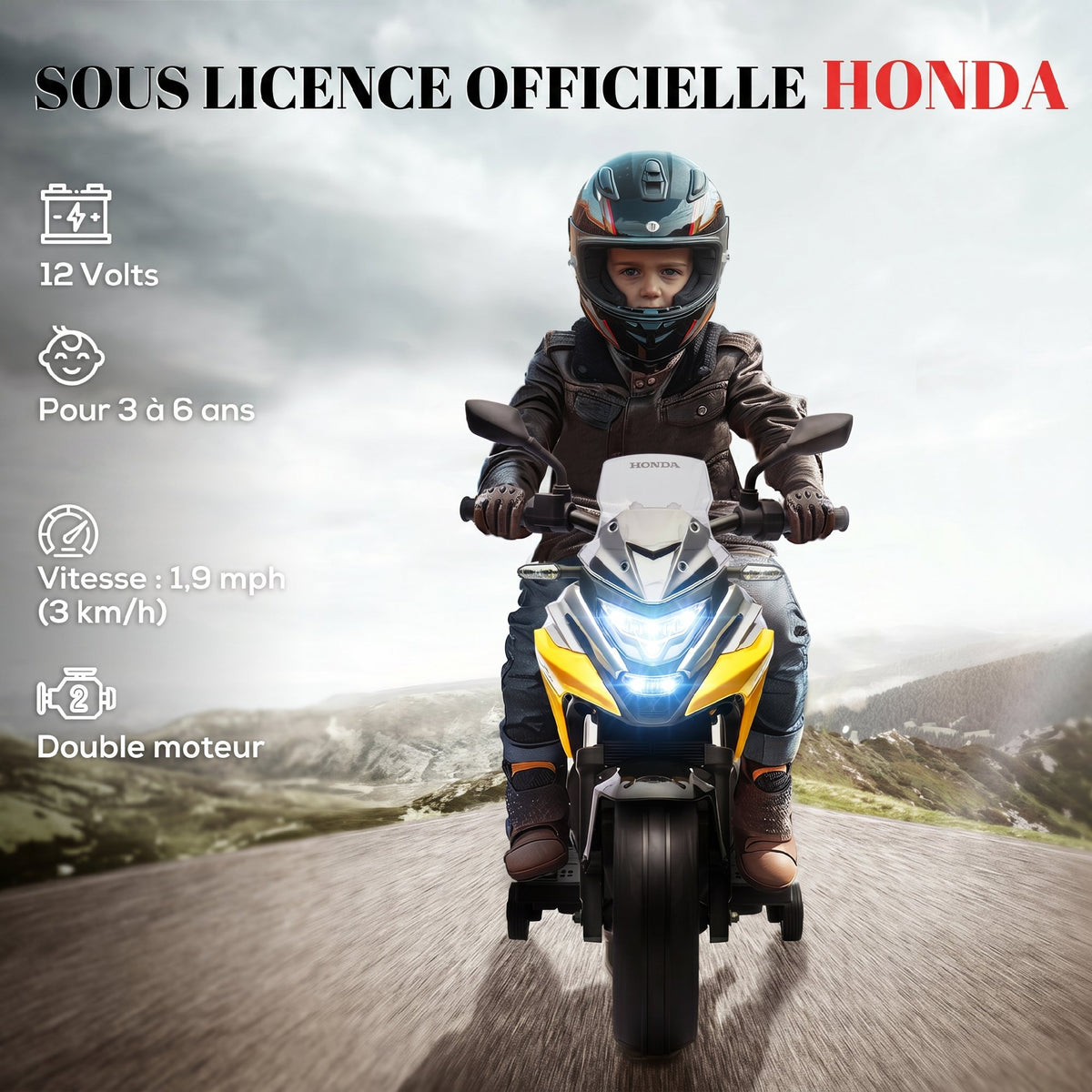 Moto électrique pour enfants moto porteur Honda pour enfants 3 à 6 ans avec musique, phares jaune-3