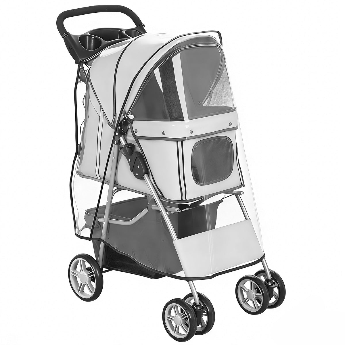 Poussette buggy pliable animaux chariot pliante chien chat porte-gobelet panier de rangement 75 x 45 x 97 cm gris-0