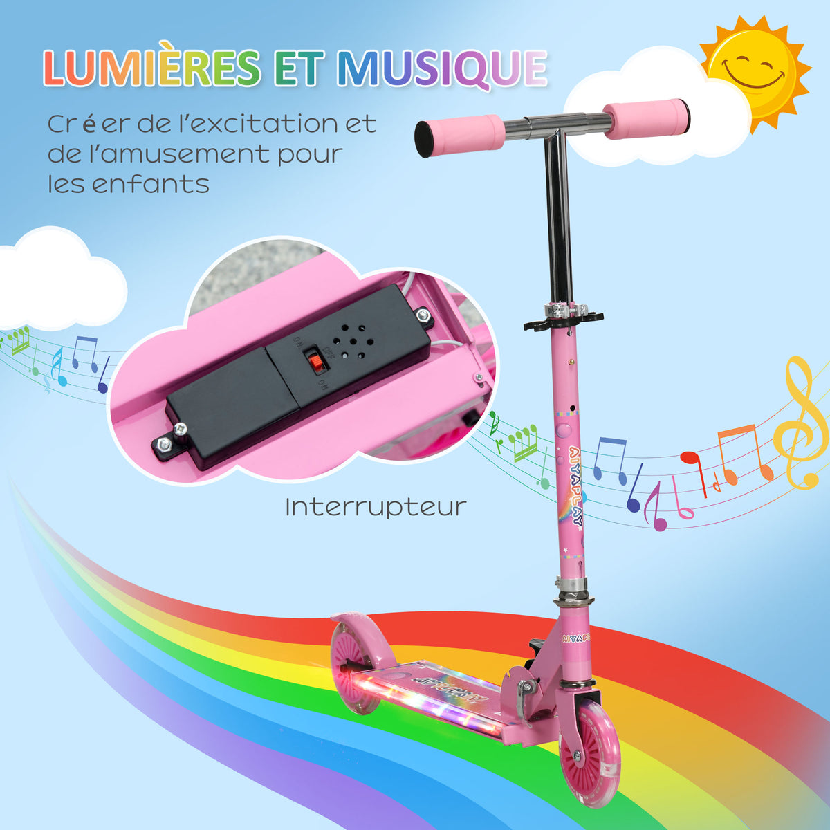 Trottinette pour enfants de 3 à 7 ans pliable roues lumineuses en PU musique 67 x 32 x 78 cm rose-3
