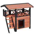 Cabane Chat Extérieur avec Terrasse, Escalier, Toit, Niche Villa, 77 x 50 x 73 cm Marron et Rouge-0