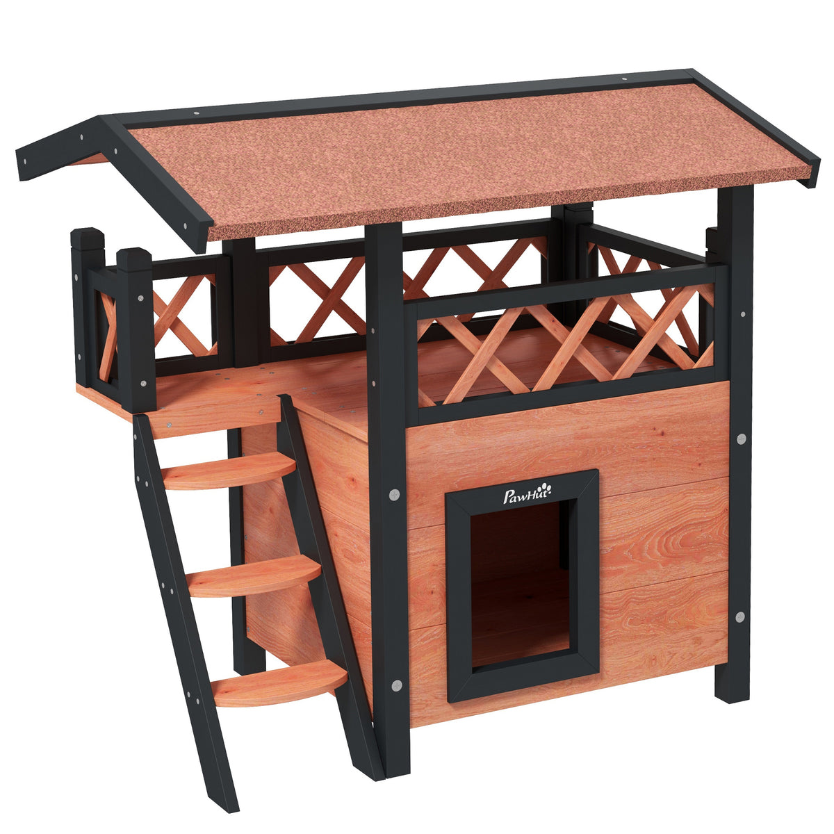 Cabane Chat Extérieur avec Terrasse, Escalier, Toit, Niche Villa, 77 x 50 x 73 cm Marron et Rouge-0