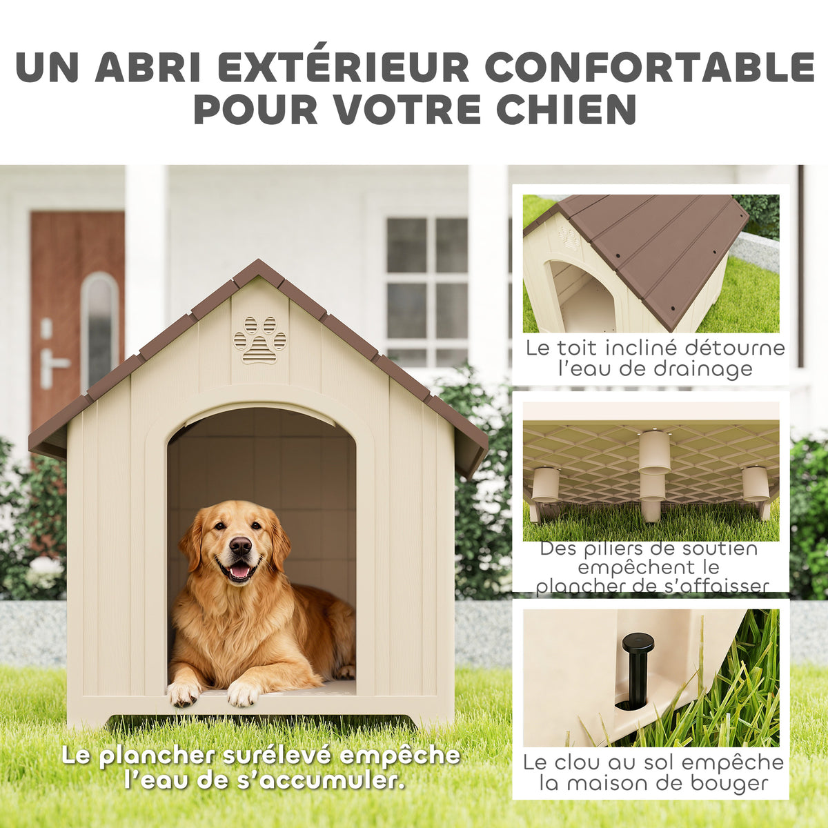 Niche pour chien extérieur, maison chien en polypropylène imperméable, ventilé, plancher surélevé, beige-3