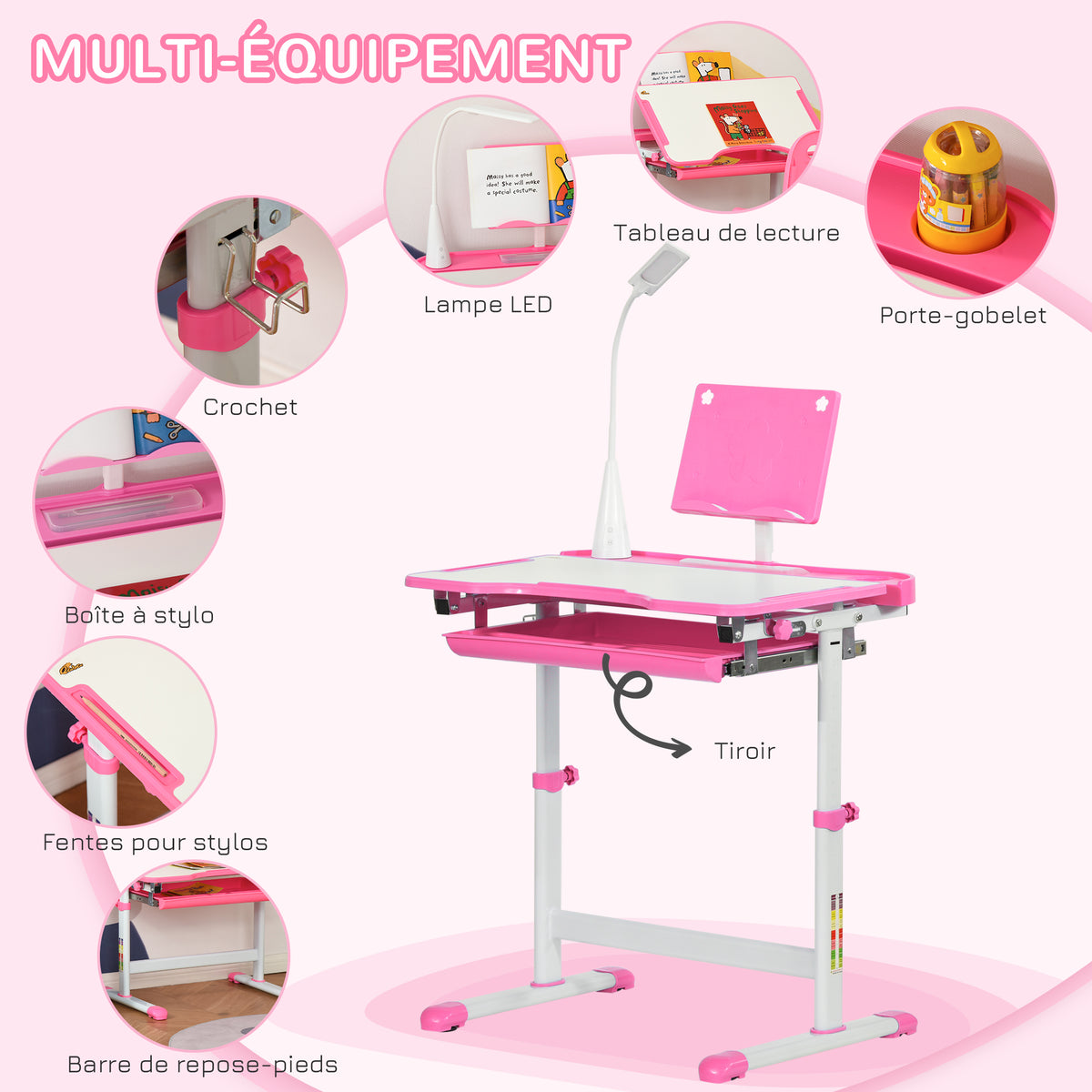 Ensemble chaise et bureau pour enfants avec lampe LED hauteur réglable plateau incliné support de lecture rose-4