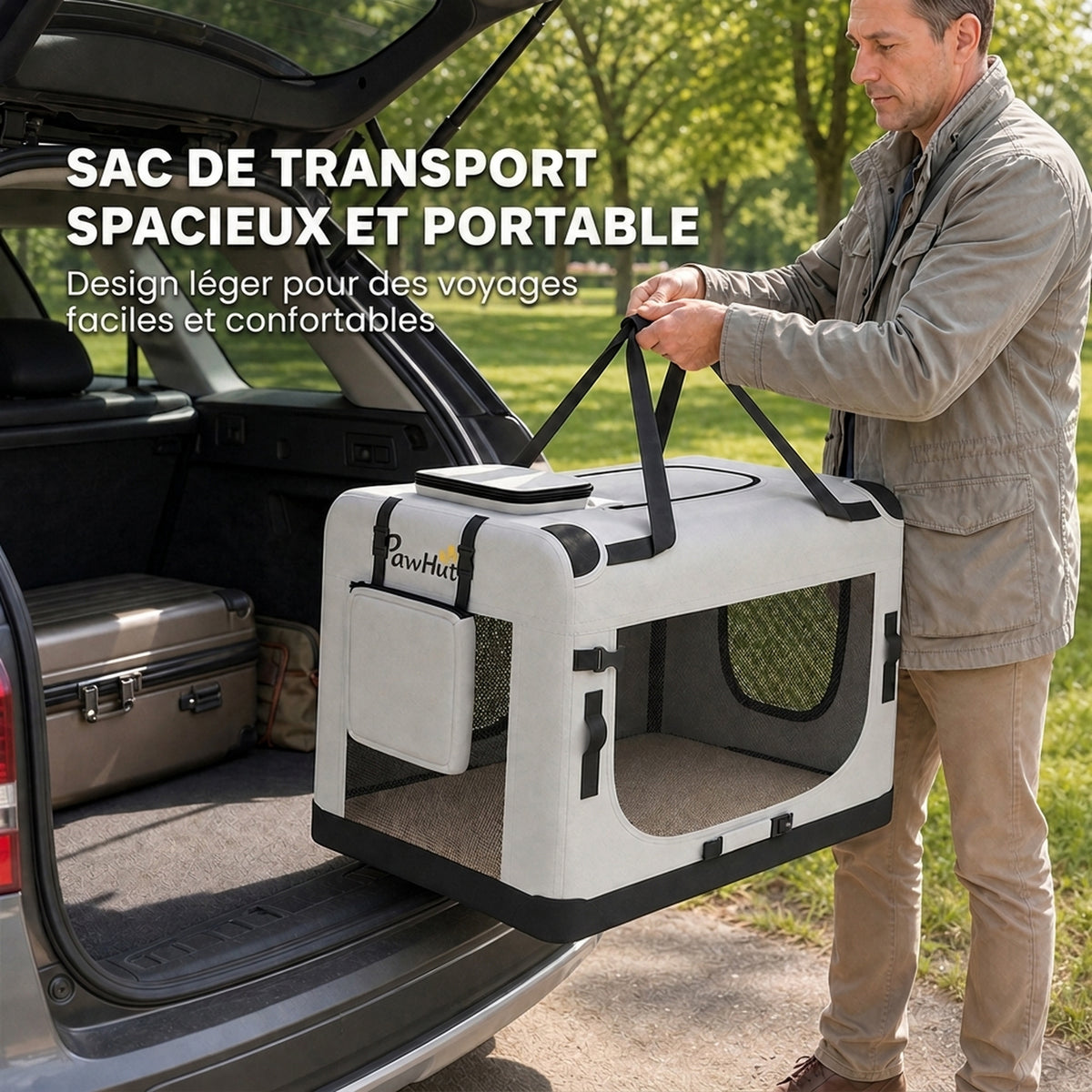 Grand Sac Transport Chat Chien Plaible Respirant Sangle Sécurité Coussin Lavable Gamelle Pliable 81x56x58cm Gris Clair-3