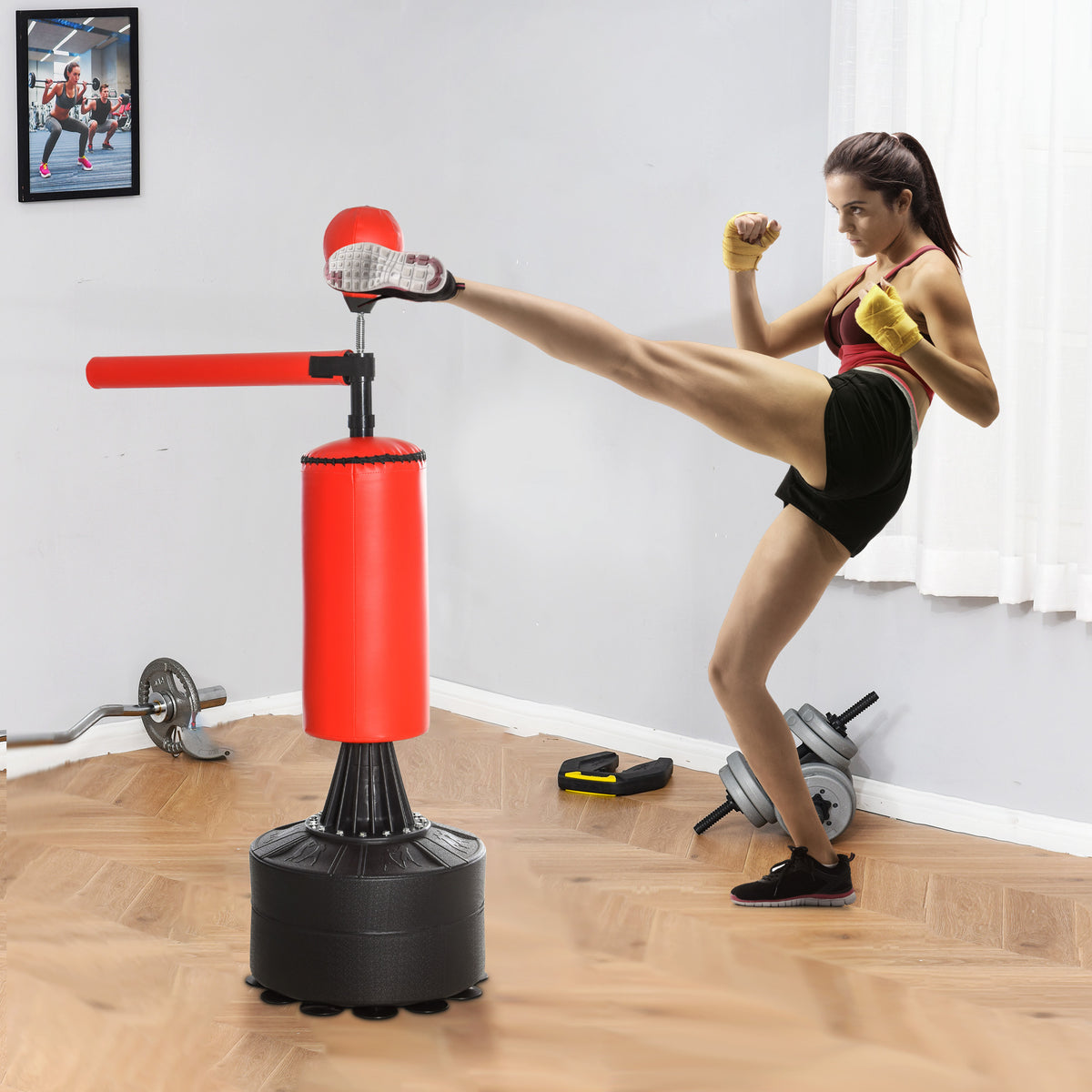 Sac frappe pieds punching ball brunier 3 1 ballon vitesse bras flexible rotatif haut. réglable cm noir rouge-6
