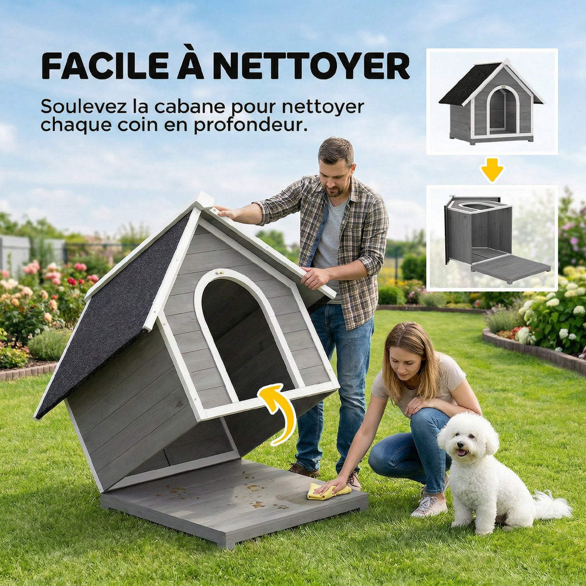 Niche pour Chien Extérieur Maison pour Chien Corps Entièrement Ouvrant pour Nettoyage Facile 84x101x86 cm Gris et Blanc-3