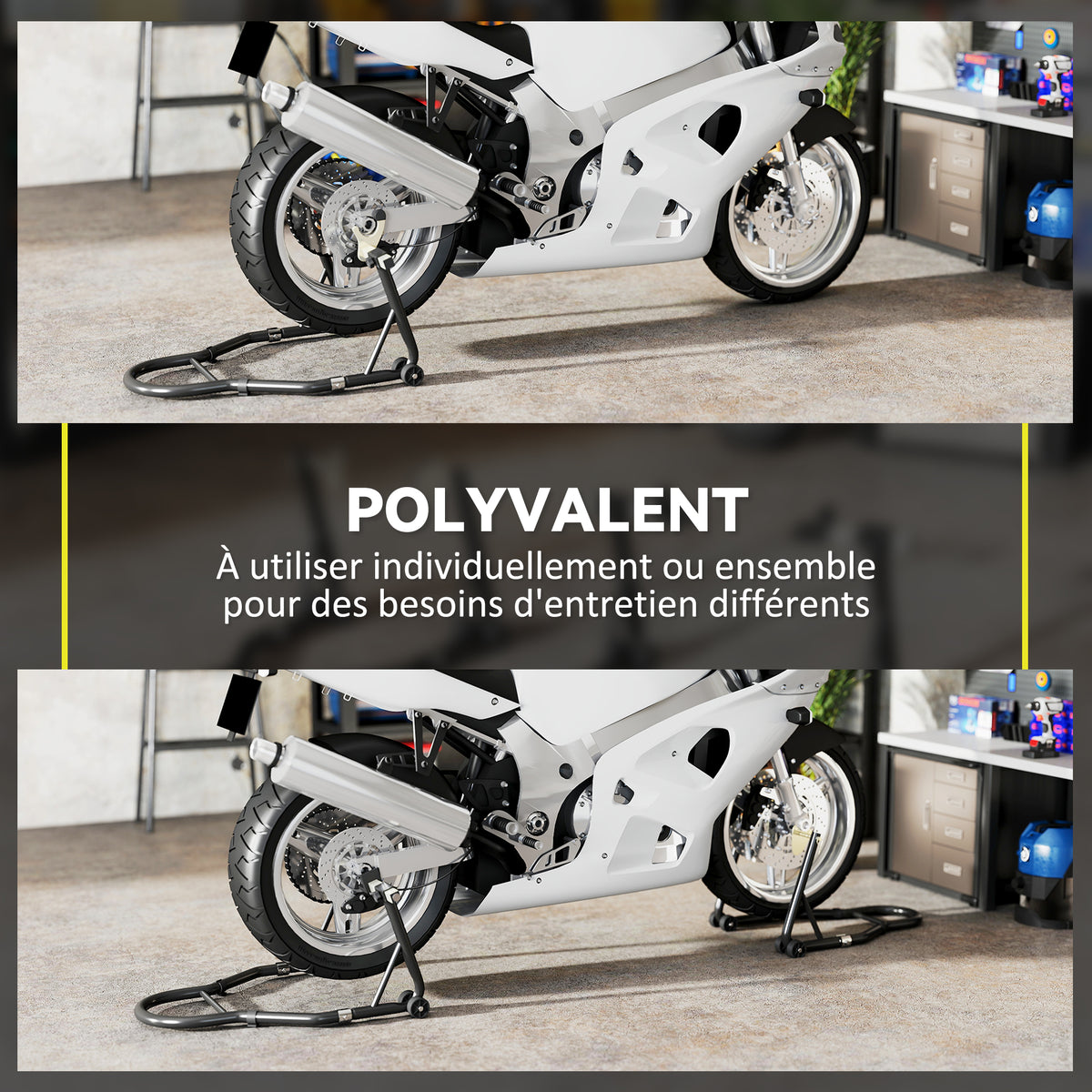 Béquille roue avant arrière charge 390 kg béquille d'atelier moto bras réglable en acier, fourche en forme de U + L noir-5
