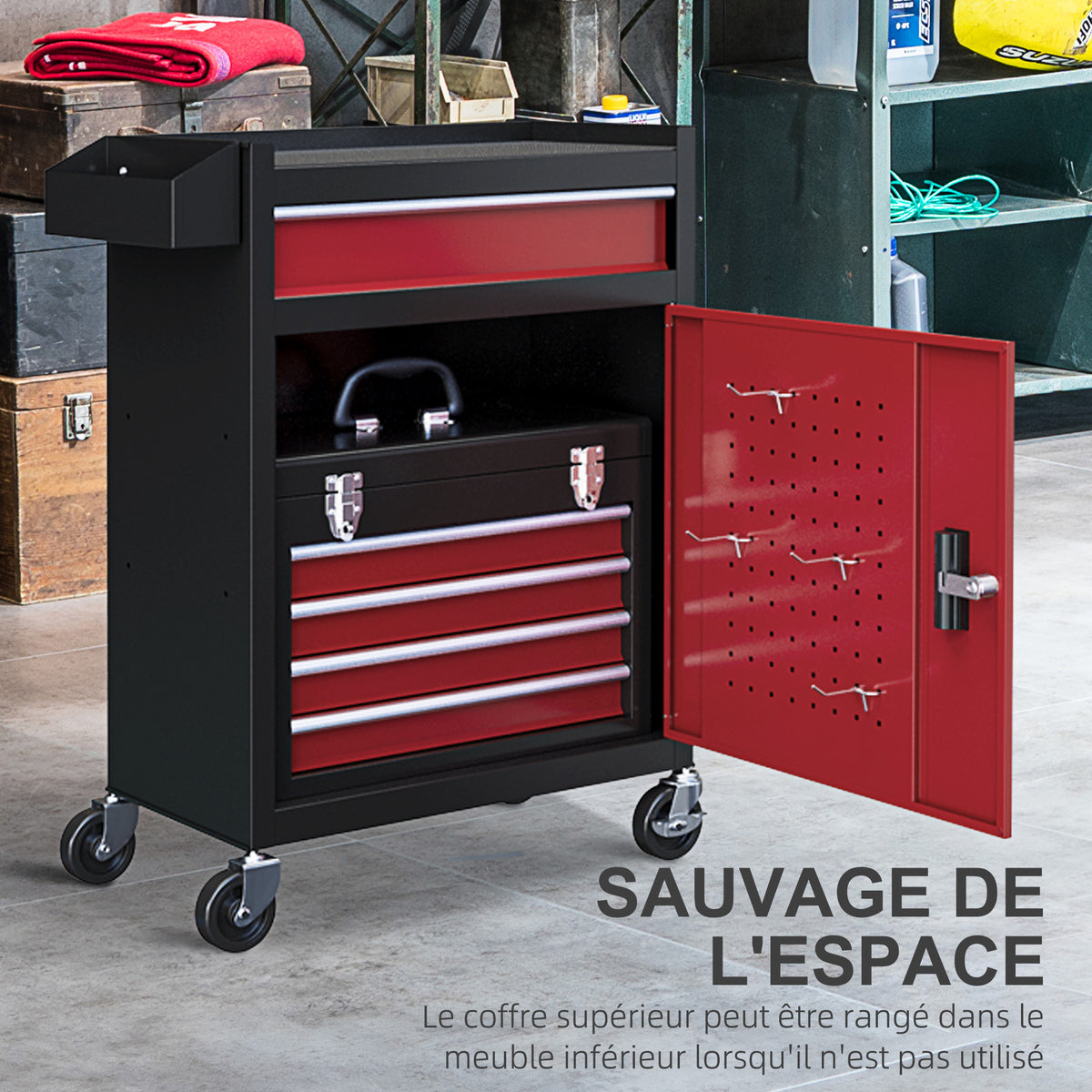 Armoire à outils verrouillable sur roulettes avec 5 tiroirs et armoire, sur roulettes pour l'atelier et la maison, rouge-4