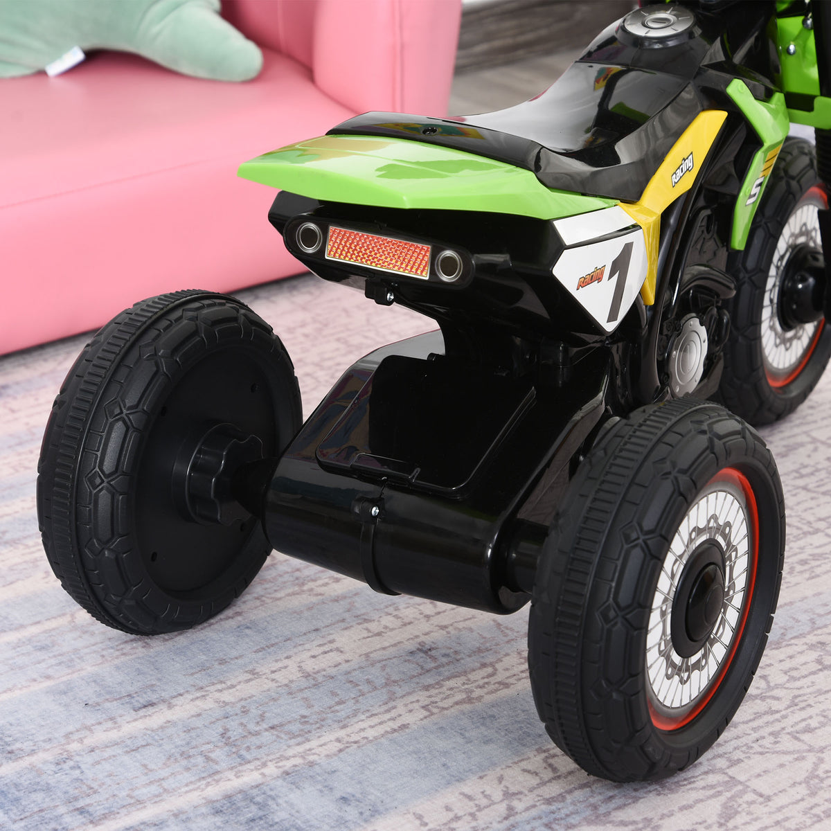 Tricycle Enfants Moto Cross Effets musicaux et Lumineux Coffre Rangement Vert-6