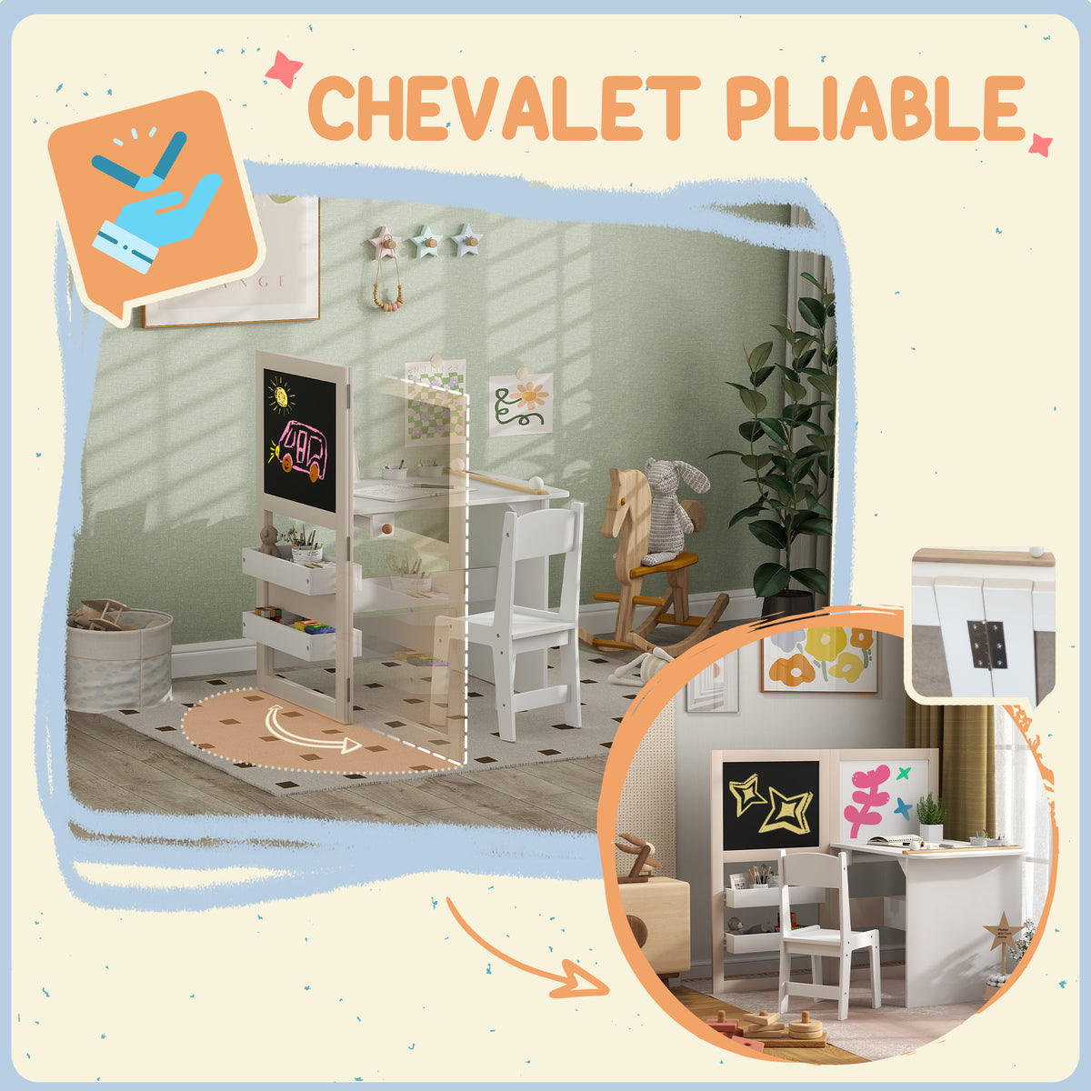 Table enfant avec chaise 3 en 1 avec chevalet pliable étagères de rangement, rouleau de papier - 3 à 8 ans, blanc-4