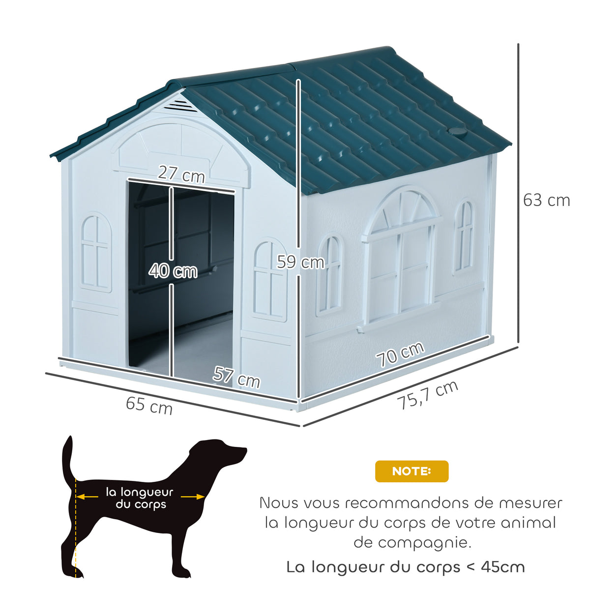 Niche pour chien chenil à l'extérieur en PP blanc pour chiens de petite et moyenne taille - 65 x 75,7 x 63 cm-2