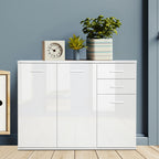 Buffet salon à haut brillance, meuble de rangement avec 2 tiroirs, 3 portes et étagère réglable, style contemporain, buffet salle à manger et cuisine, 106 x 35 x 76 cm, blanc-9