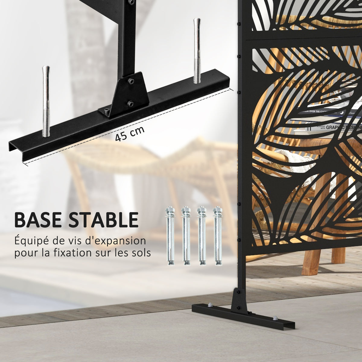 Panneau brise vue décoratif paravent extérieur noir à motif végétal en acier - 122 x 45 x 198 cm, noir-4