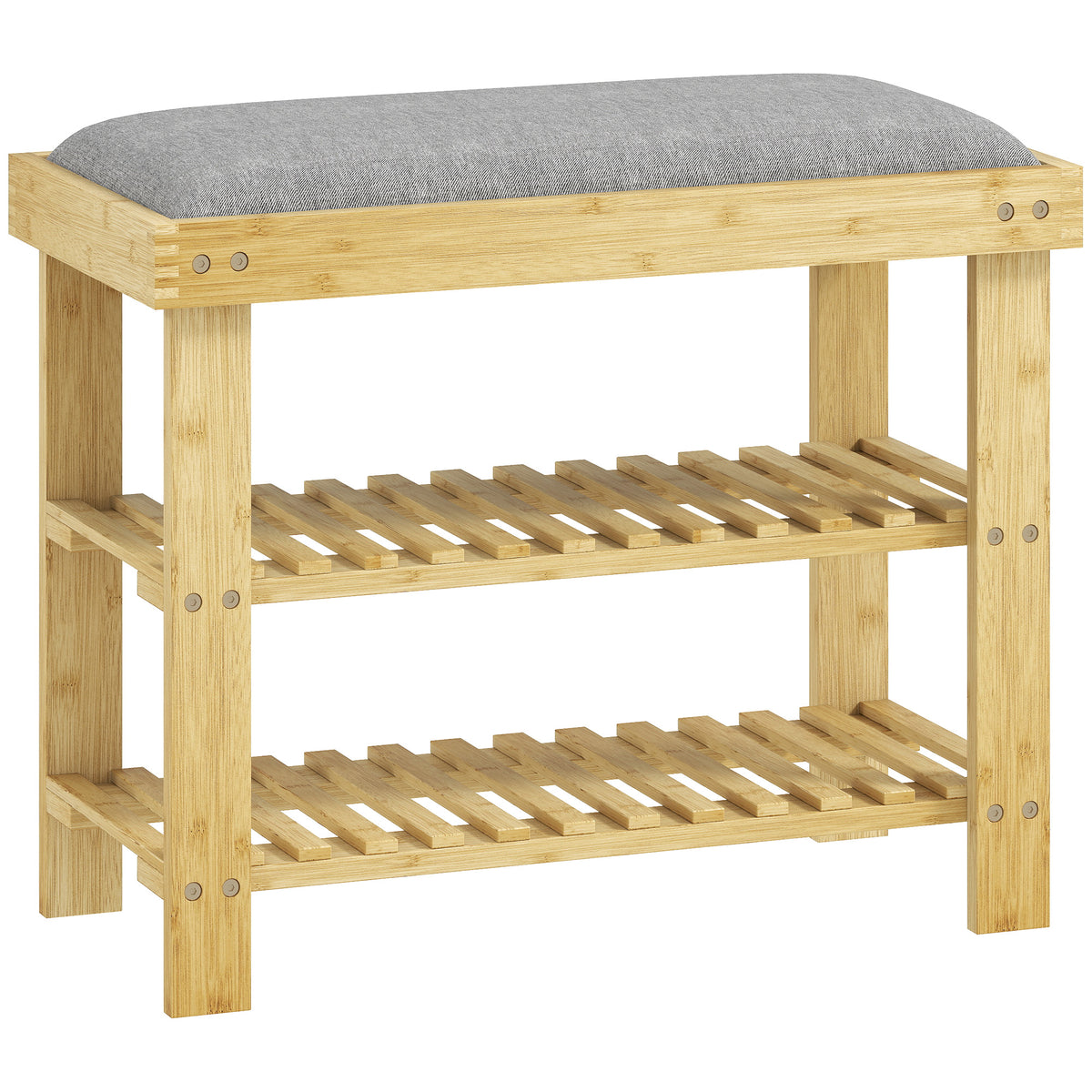 Banc à chaussures en bambou, étagère à chaussures à 3 niveaux, style scandinave, 60 x 29 x 49 cm, gris et bois naturel-0