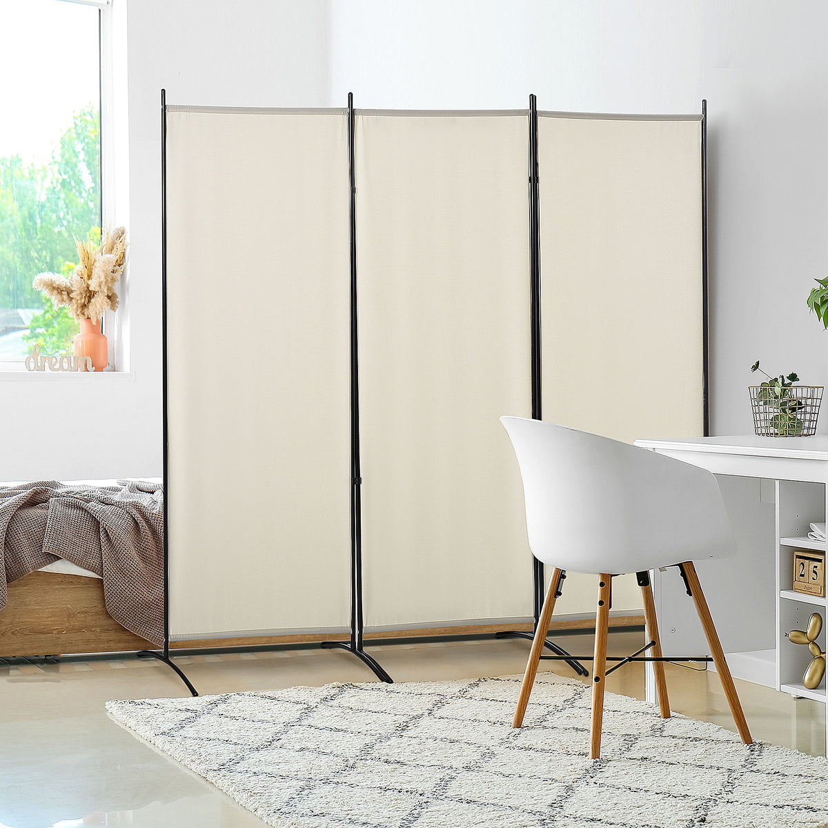 Paravent 3 panneaux dim. 2,53L x 0,5l x 1,82H m Store latéral Brise-Vue paravent sur Pied séparateur métal Polyester-1