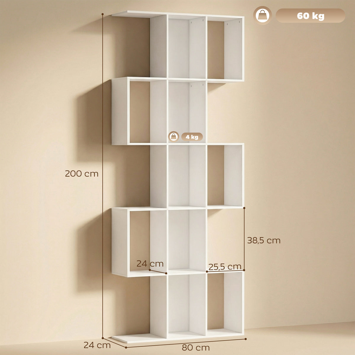 Bibliothèque à 5 niveaux, étagère de rangement en forme S avec 15 compartiments ouverts, 80 x 24 x 200 cm, blanc-2