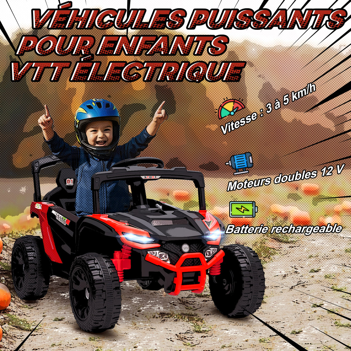 Voiture électrique enfant UTV, buggy électrique enfant 12V 2 moteurs, télécommande, LED, musique, klaxon, 3-8 ans, rouge-3