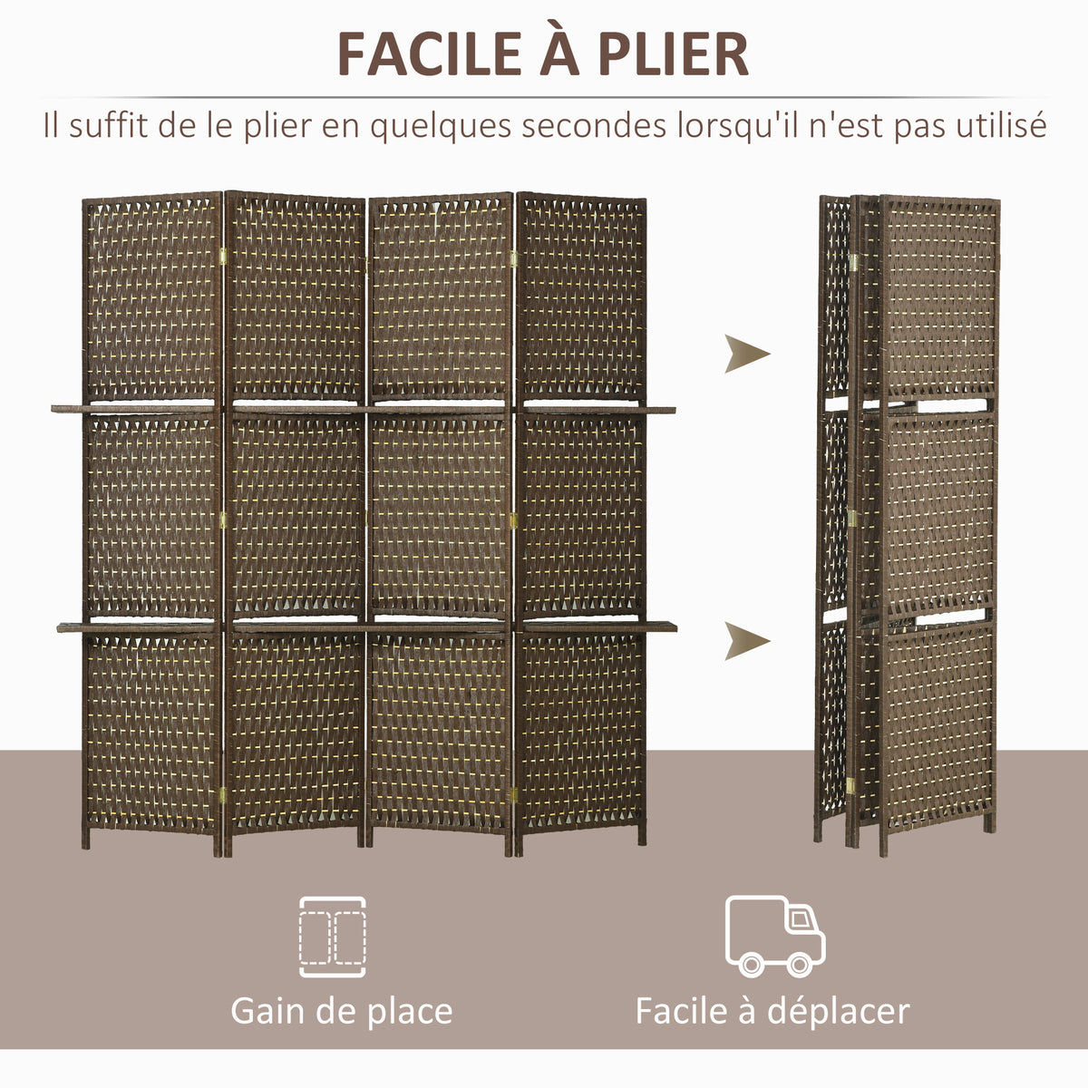 Paravent intérieur séparateur de pièce 4 panneaux 2 étagères bois de pin tressée fibres de papier 181 x 180 cm marron-3