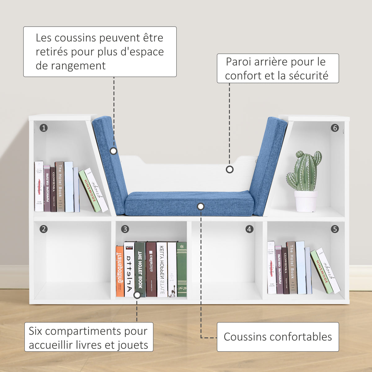 Bibliothèque banc 2 en 1 avec coussins de siège, étagère cube 6 compartiments ouverts et 2 niveaux, meuble de rangement pour salon, chambre à coucher, bureau, 102 x 30 x 61 cm, bleu-5