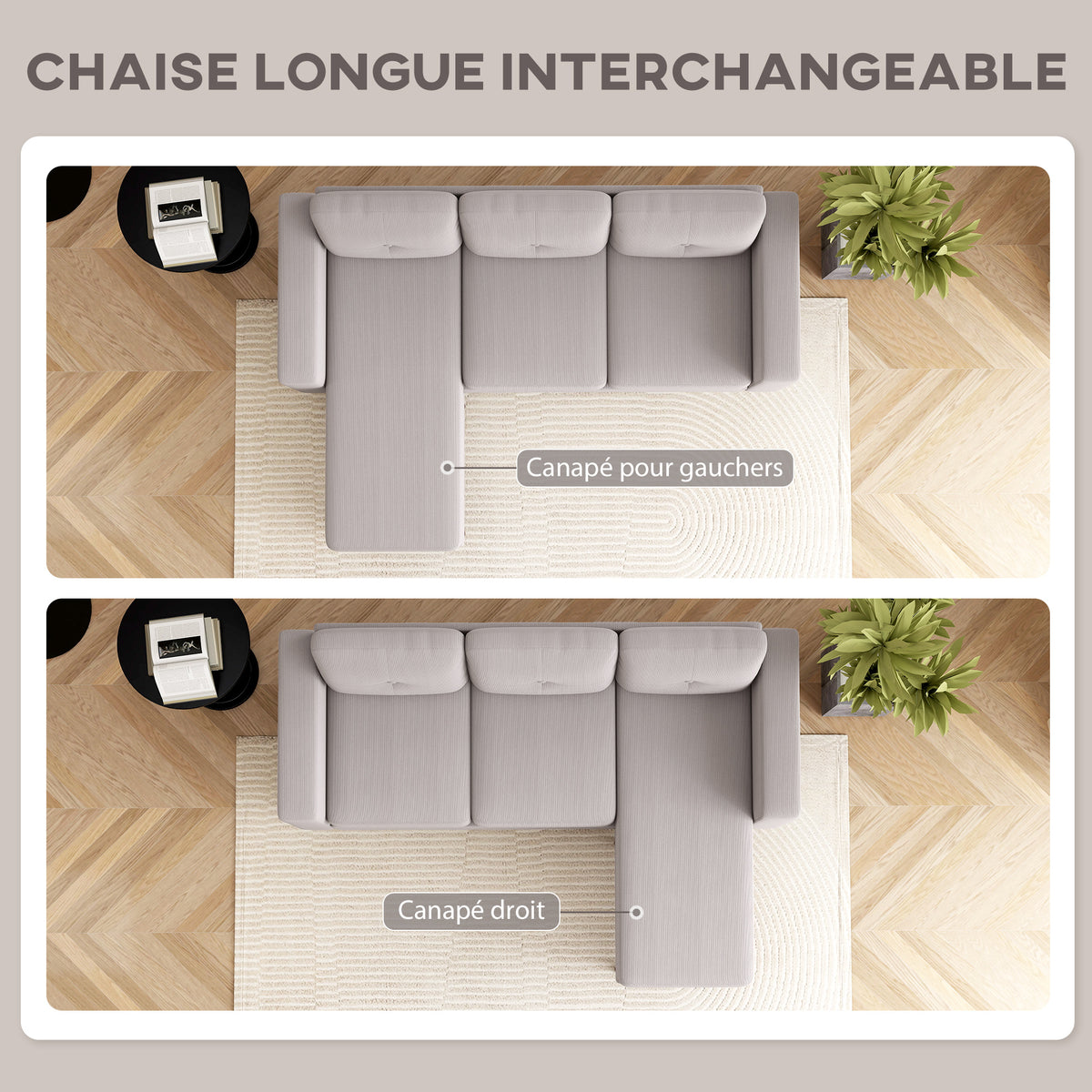 Canapé d'angle réversible en velours côtelé, canapé 3 places avec méridienne, cadre en acier, 192x137x84cm, gris clair-3