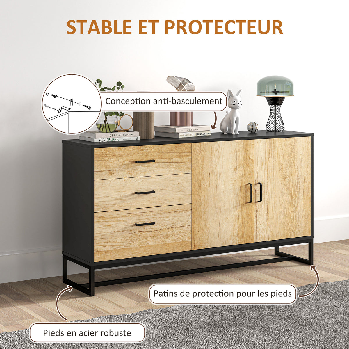 Buffet salon meuble de rangement avec 3 tiroirs et étagère réglable, pieds en acier, poignées en alliage d'aluminium-6