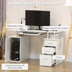 Bureau d'ordinateur, bureau informatique 120 x 55 cm avec plateau pour clavier, 3 tiroirs, pour chambre, domicile, blanc-3