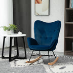 Fauteuil à Bascule, Rocking Chair, fauteuil allaitement confortable avec Structure en bois massif et métal pour Salon, Chambre, Balcon, Velours Bleu-9
