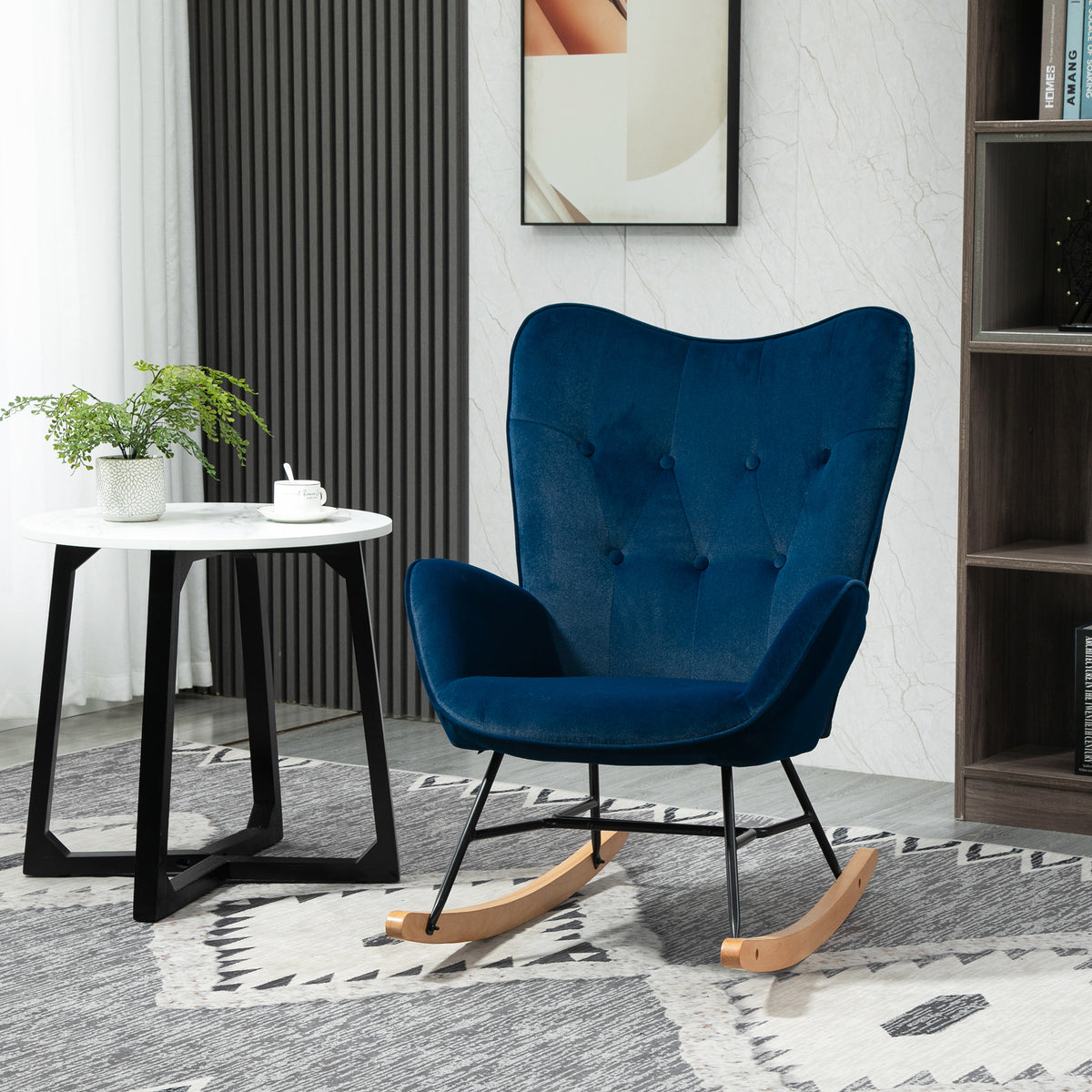 Fauteuil à Bascule, Rocking Chair, fauteuil allaitement confortable avec Structure en bois massif et métal pour Salon, Chambre, Balcon, Velours Bleu-9