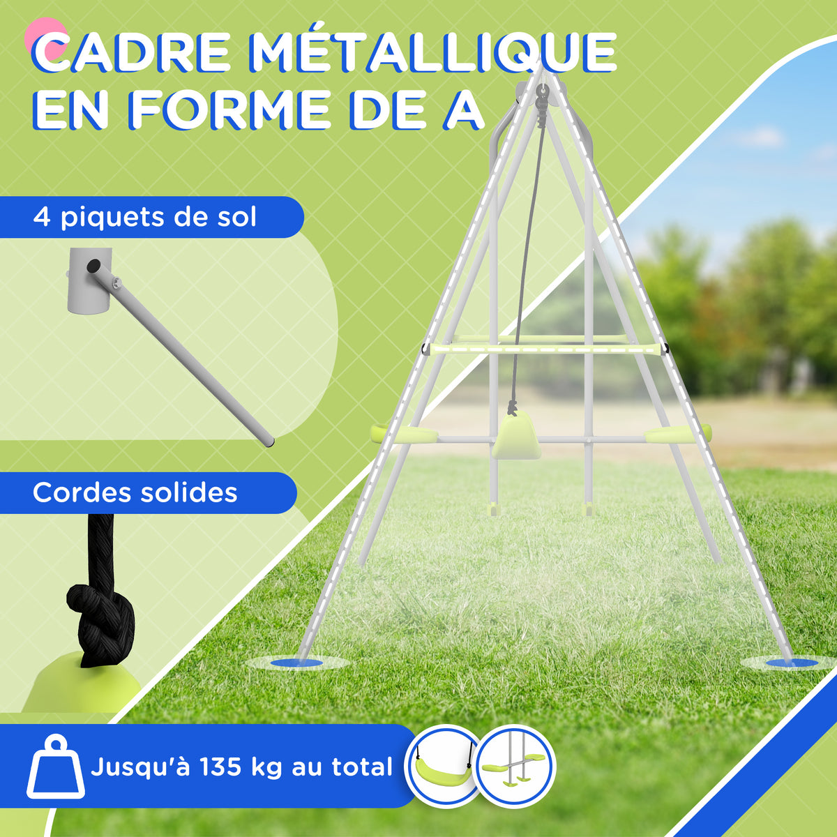 Balançoire 2 agrès portique avec 1 balançoire et face à face 255 x 160 x 180 cm charge max. 135 kg vert gris-4