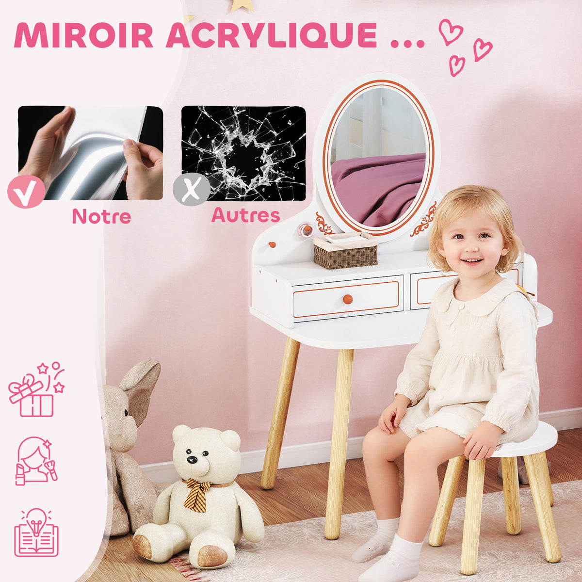 Coiffeuse Enfant en Bois avec Miroir Acrylique et Tabouret, 2 Tiroirs, Coins Arrondis, 3 à 8 Ans, 56x38x87,8cm, Blanc-3