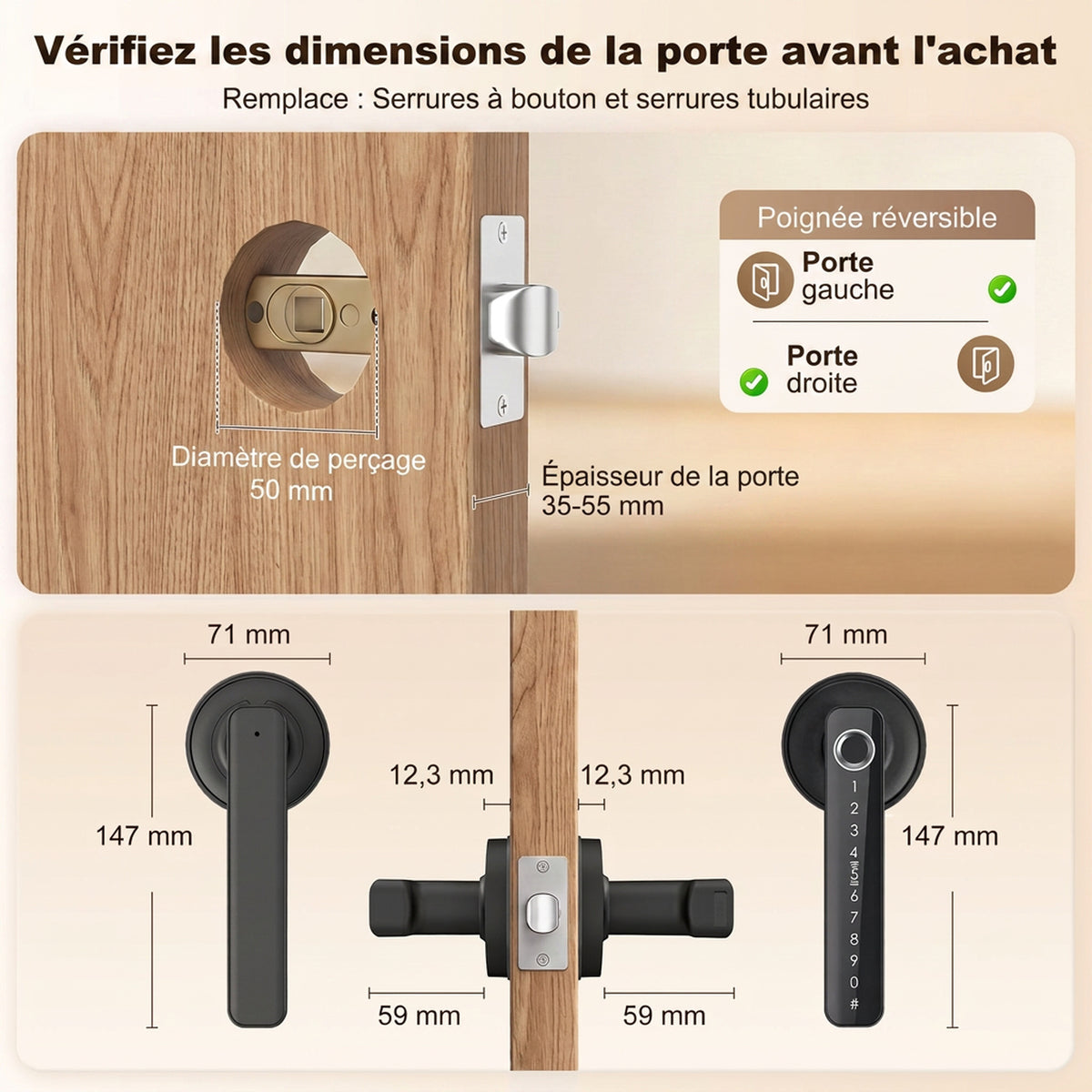 Serrure de Porte Intelligente, 5 Accès par Empreinte, Code, Carte NFC, Application Tuya/Smart Life et Clé, Noir-2