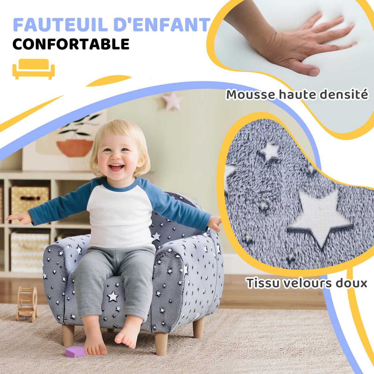Fauteuil enfants canapé pour enfants hosphorescent avec motif étoilé, tissu velours, pour garçons et filles, gris-3