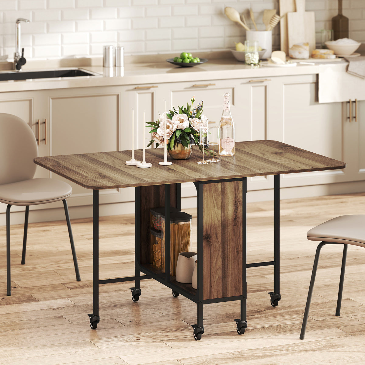 Table à manger pliante sur roulettes, table de cuisine pour 6 personnes avec étagère intégrée, 130 x 80 x 74 cm, marron-9