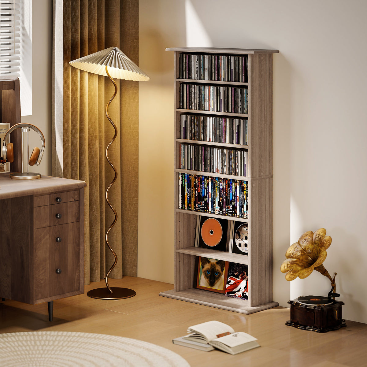 Rangements pour CD et DVD avec 8 compartiments et 6 étagères réglables, capacité max. 360 CD/185 DVD et Blu-ray, naturel-7