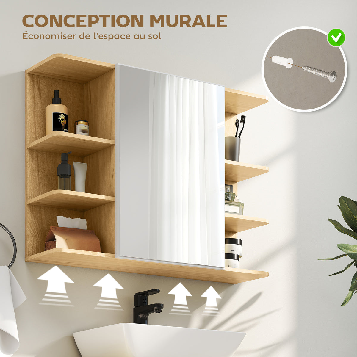 Armoire murale salle de bain avec miroir, meuble salle de bain avec étagères ouvertes, 80 x 20 x 59 cm, bois naturel-5