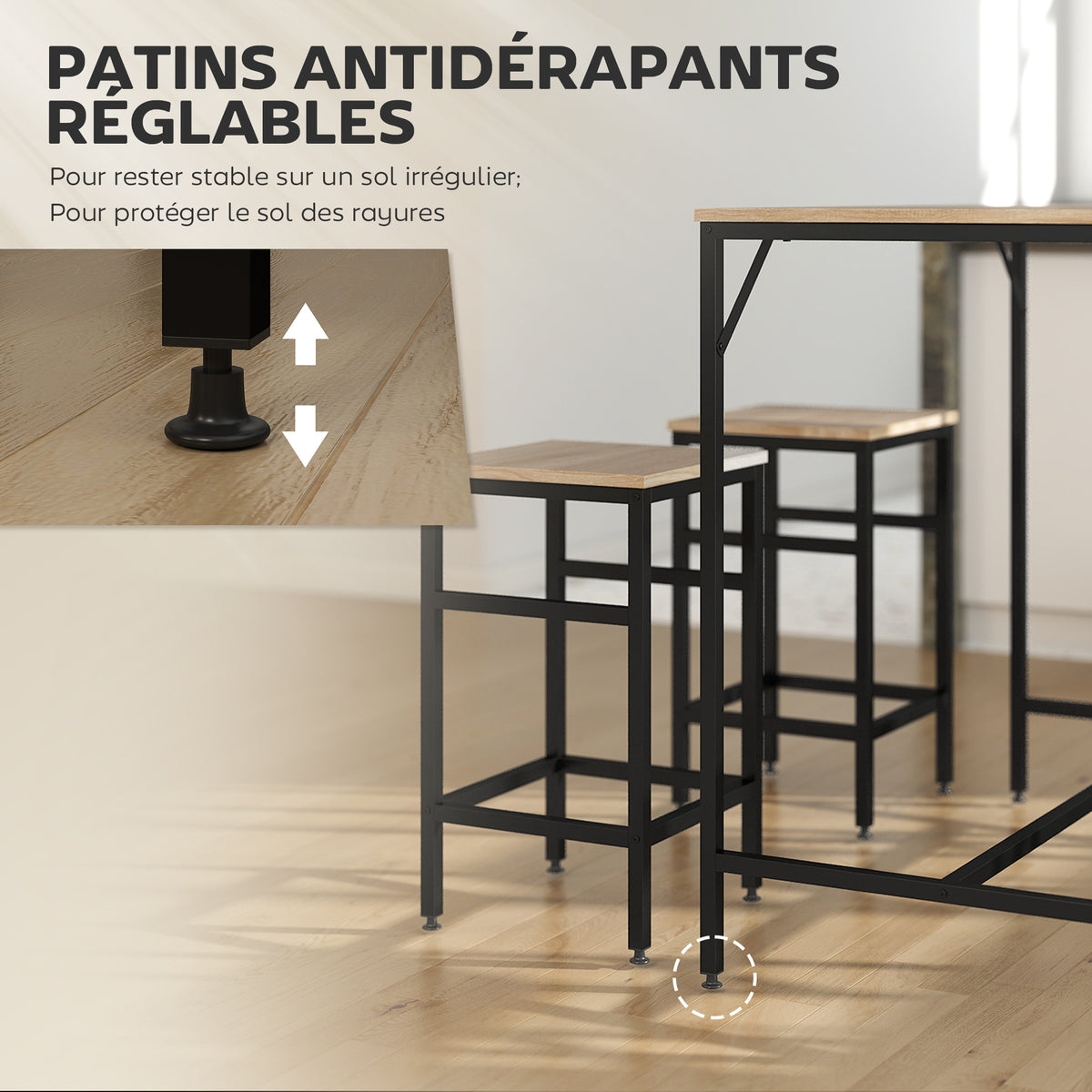 Ensemble Table de Bar Industriel + 4 tabourets Repose-Pieds en Bois couleur Chêne Clair Cadre en métal Noir-5