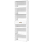 Bibliothèque à 7 Niveaux, 6 Compartiments Ouverts et Tiroir au Motif Ondulé, Moderne, 60 x 24 x 182 cm, Blanc-0