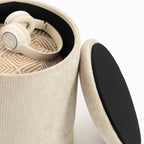 Pouf coffre rangement, tabouret rond en chenille, pouf repose-pieds avec base en métal effet bois, beige-9