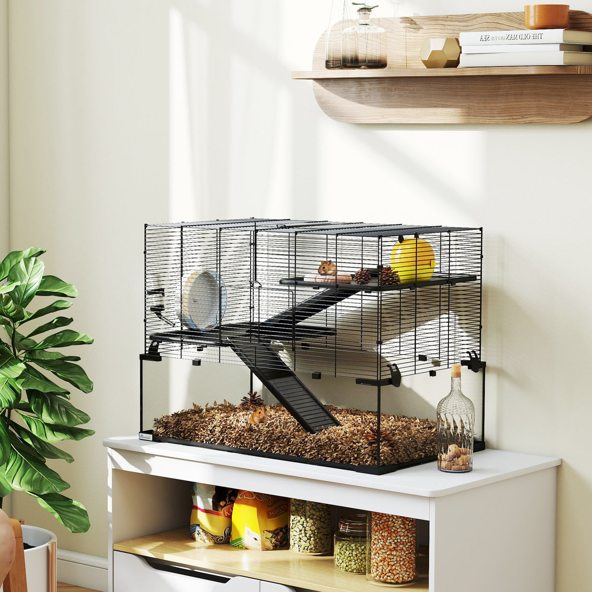Cage hamster cage rongeur 3 niveaux avec roue rampes maisonnette abreuvoir mangeoire 76,5L x 48,5l x 54,5H cm noir-7