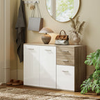 Buffet salon, meuble de rangement avec 2 tiroirs, 3 portes et étagère réglable, 106 x 35 x 76 cm, blanc et bois naturel-8