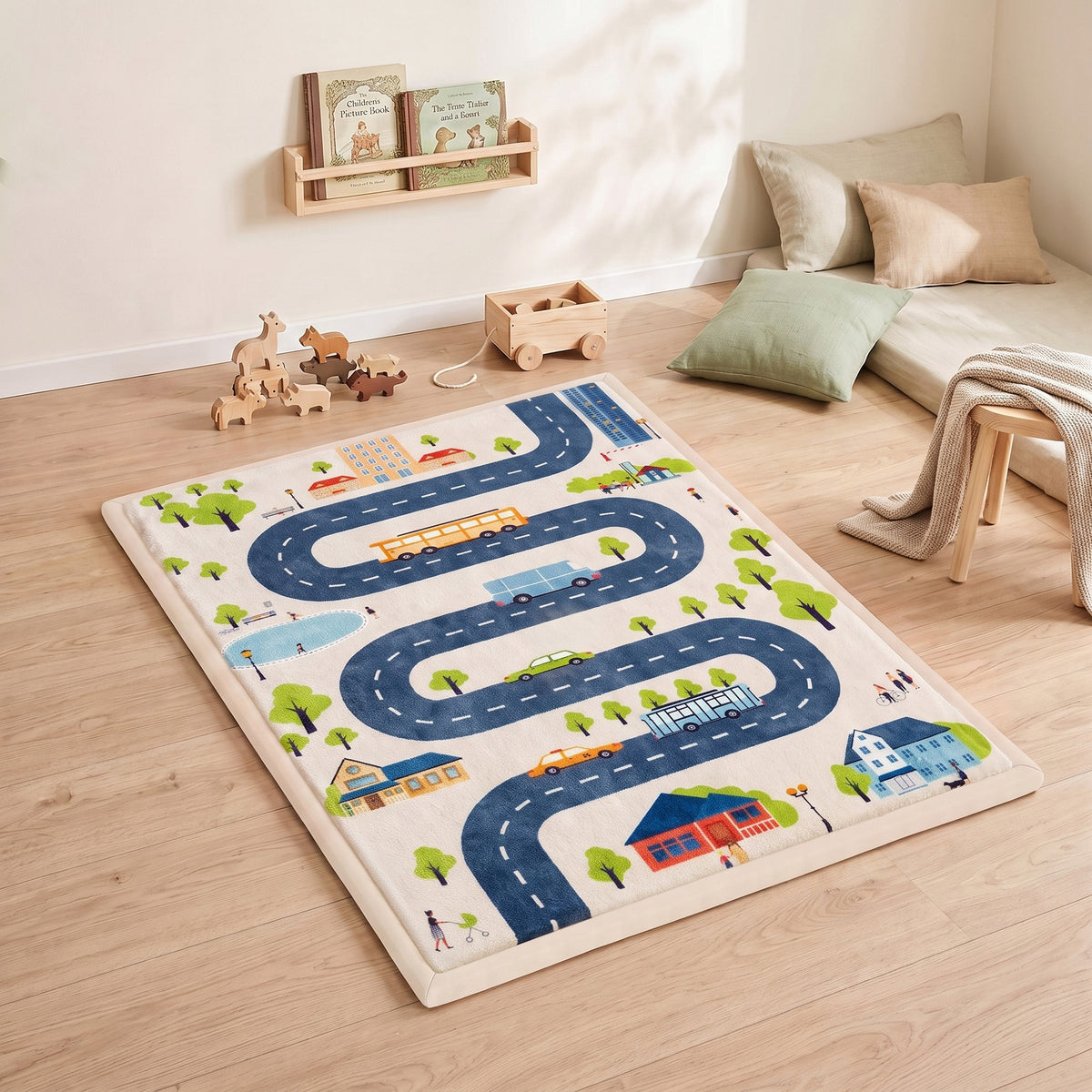 Tapis de Jeu pour Enfants Tapis de Chambre d'Enfant en Mousse Épaisseur 3 cm Motif Route Base Antidérapante 150x200cm-1