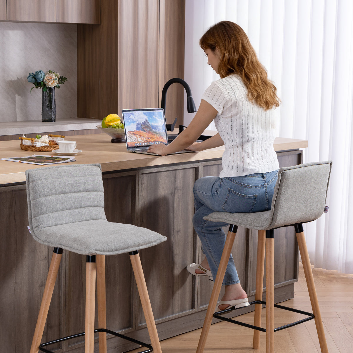 Lot de 2 tabourets de bar, chaises de bar, assise rembourrée, dossier et repose-pieds, 48 x 48 x 99,5 cm, gris-7