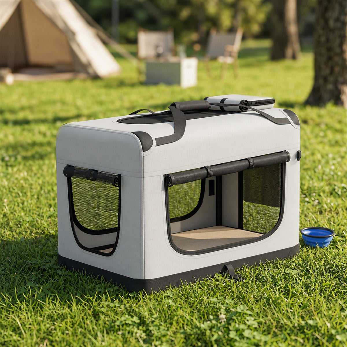 Grand Sac Transport Chat Chien Plaible Respirant Sangle Sécurité Coussin Lavable Gamelle Pliable 70x52x50cm Gris Clair-1