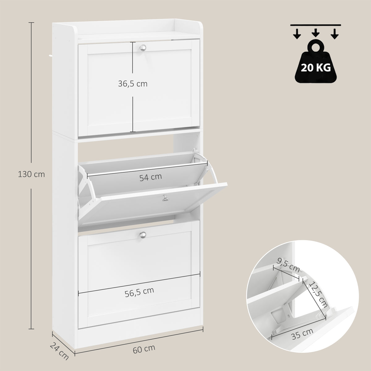Meuble à Chaussures 15 Paires, Armoire à Chaussures avec 3 Tiroirs, Étagères Réglables et Plateau Supérieur, Blanc-2