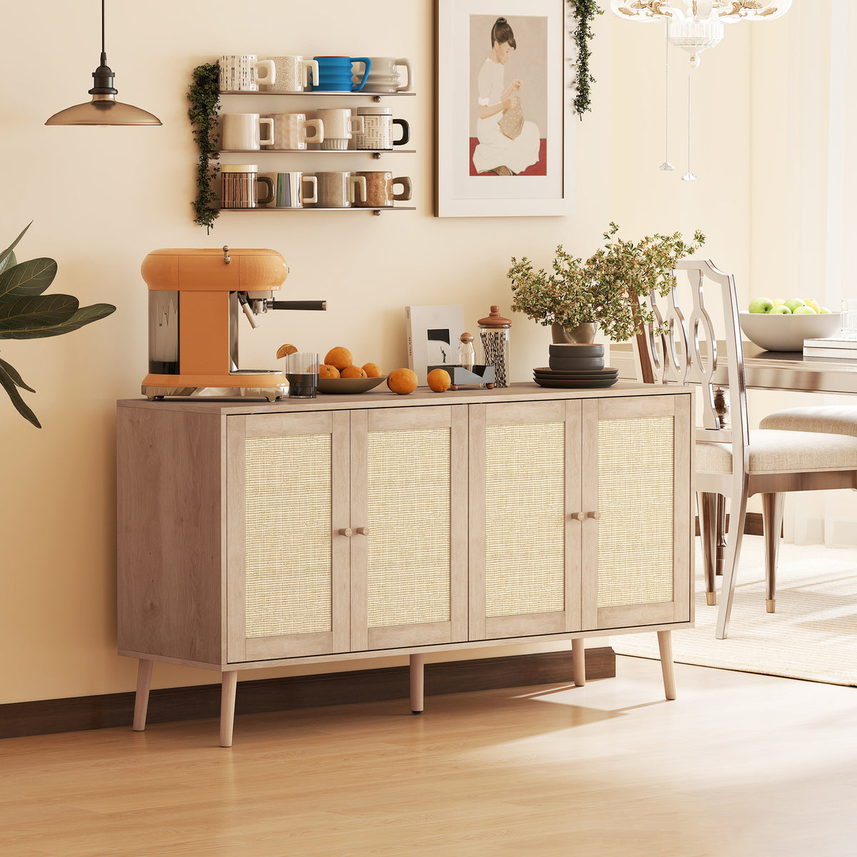 Buffet salon meuble de rangement placards à portes en cannage et étagère réglable 140 x 40 x 75 cm effet bois naturel-9