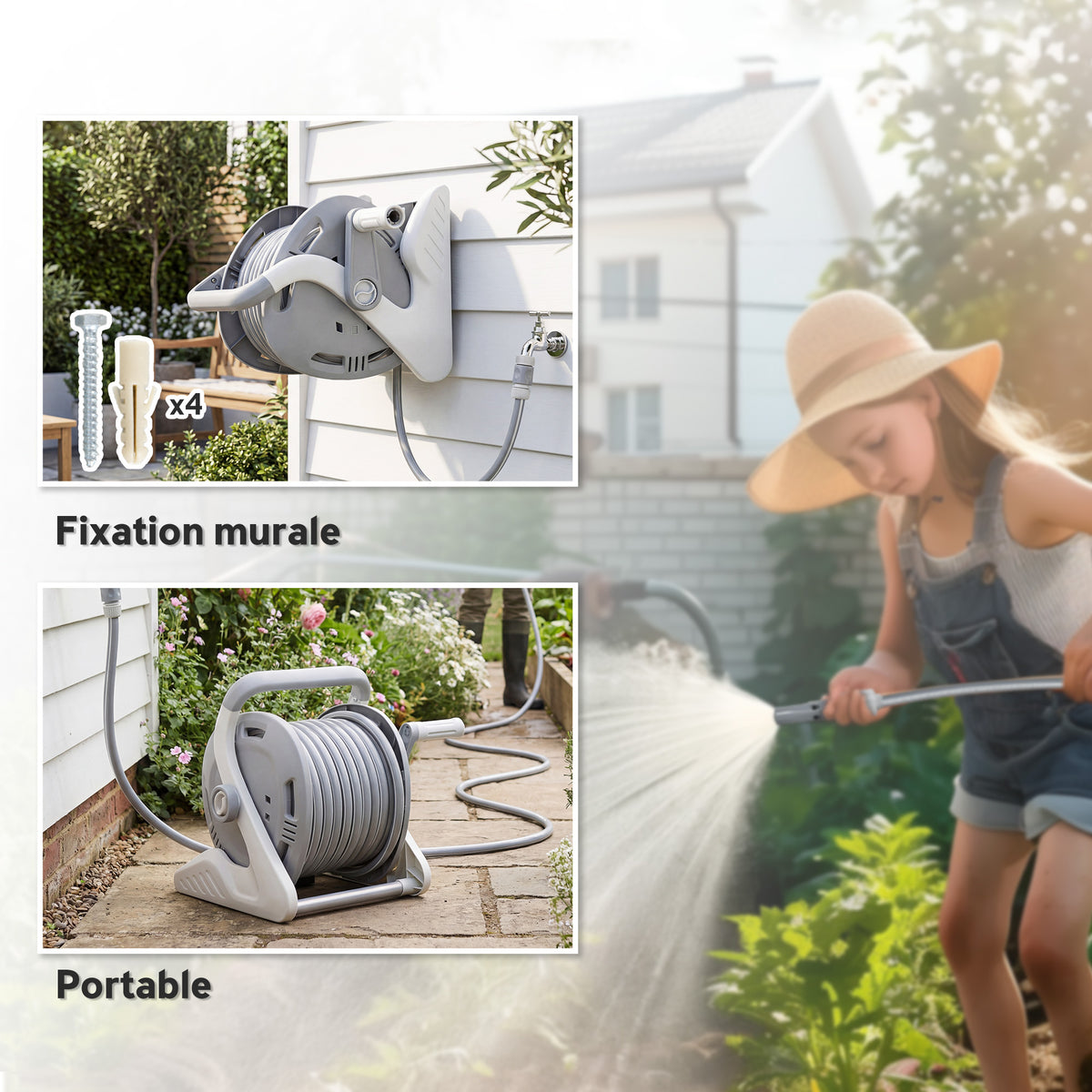 Enrouleur Tuyau Arrosage Mural 20+2 m x Ø 15 mm, Dévidoir de Tuyaux d'Eau Portable, Buse à 2 Modes, Gris-3