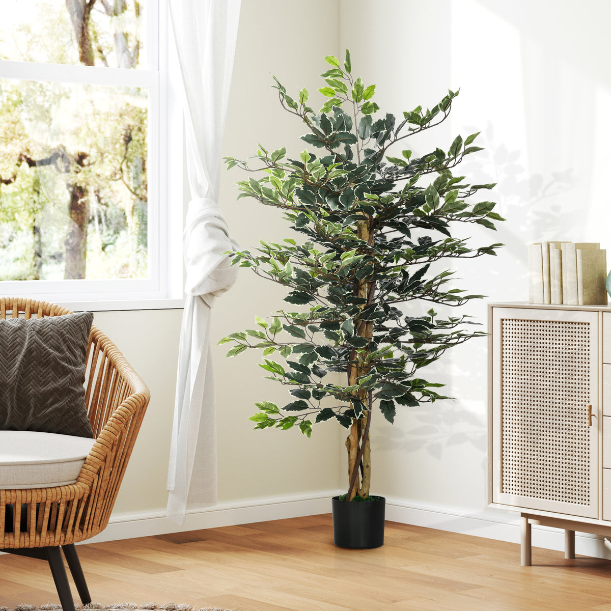 Plante artificielle ficus tronc branches liane lichen feuilles grand réalisme pot inclus hauteur 1,3 m-3