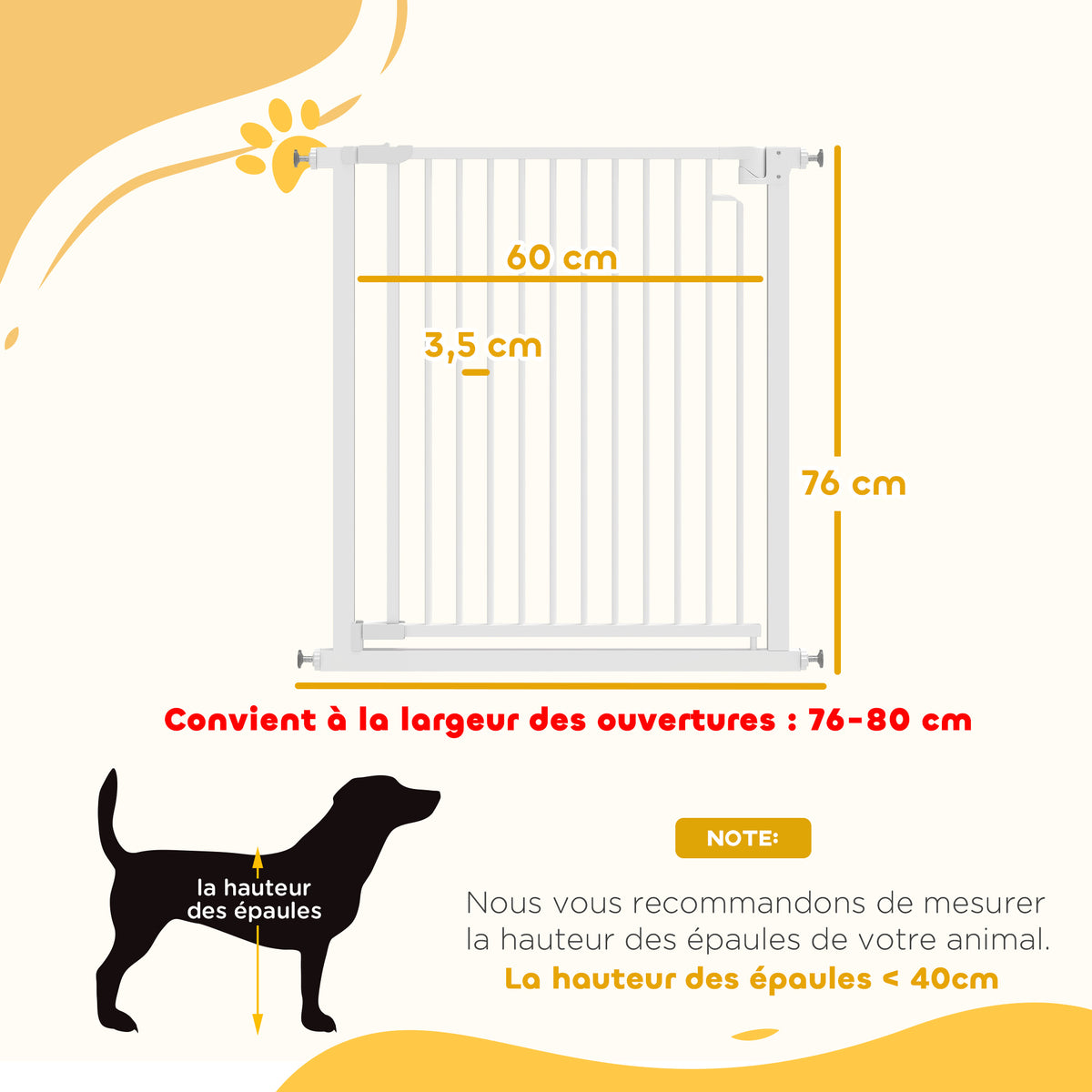 Barrière de sécurité pour chiens et bébés 76 à 80 cm avec extension fixation par pression sans perçage 76 à 80cm blanc-2